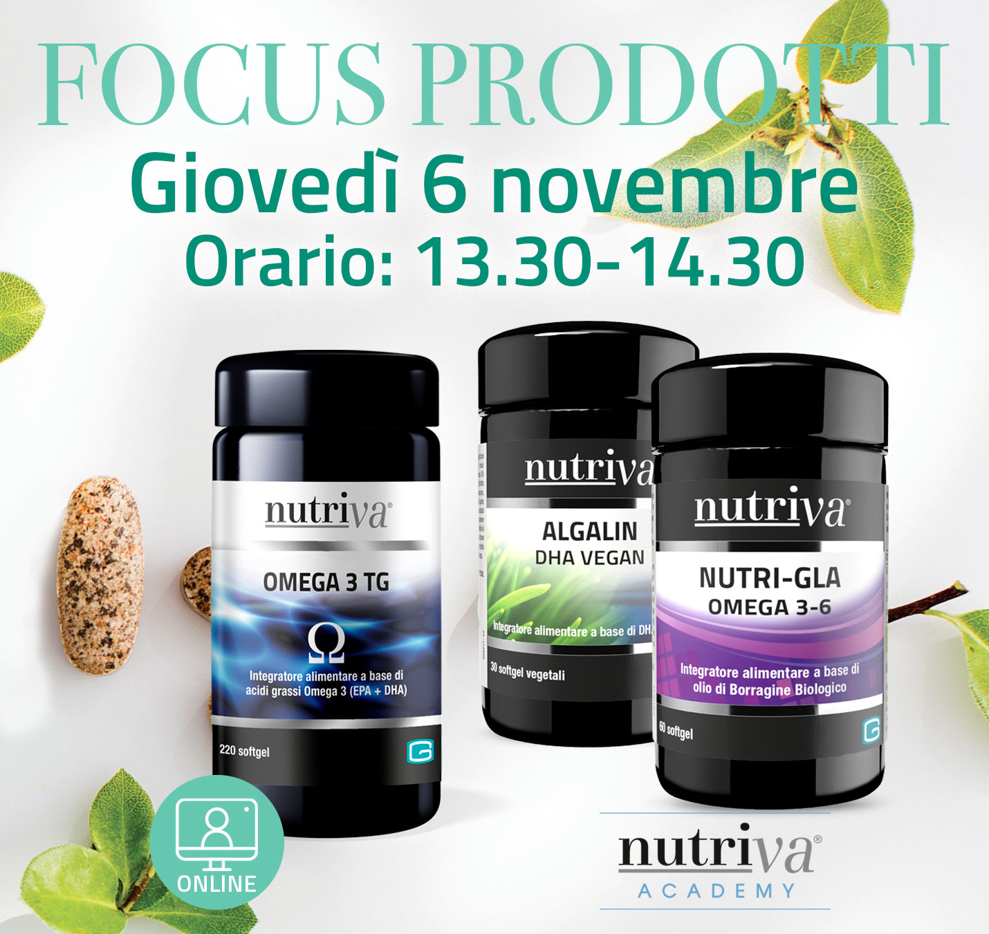 FOCUS PRODOTTI Nutriva Omega 3 TG, Algalin DHA Vegan e Nutri-Gla - 6 NOVEMBRE 2025